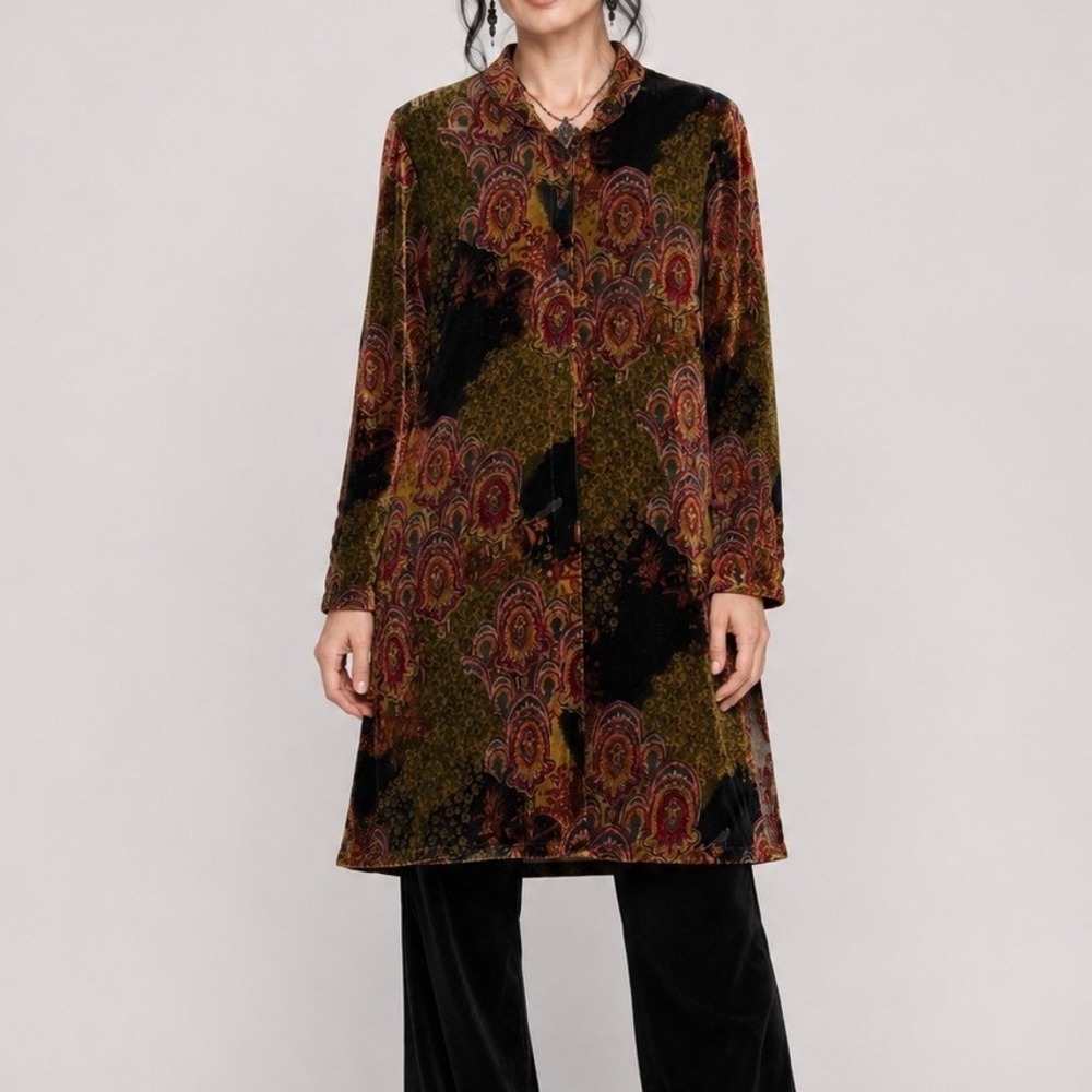 Coldwater Creek Womens Jacket Velvet Paisley Duster Large Whimsigoth Boho Artsy